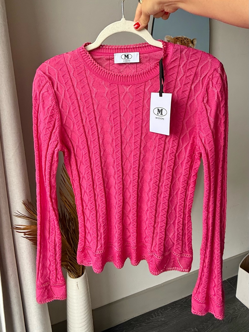 MISSONI Pointelle Pink Textured Crewneck Knit Sweater Flare Sleeves